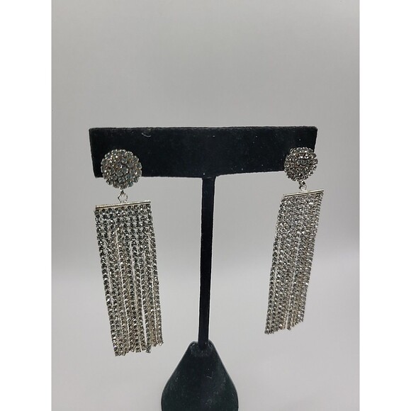 Vintage Silver Tone Rhinestone Tassel Fringe Dangle Earrings Glam Cocktail - Picture 8 of 12